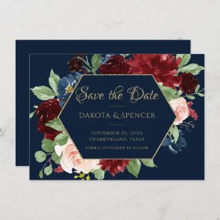 Boho Blooms | Dark Navy Blue and Burgundy Red Save The Date