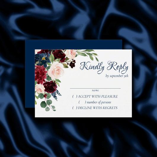Boho Blooms | Rustic Navy and Burgundy Bouquet RSVP Card