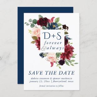 Boho Blooms | Rustic Navy and Burgundy Monogram Save The Date
