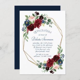 Boho Blooms | Rustic Navy and Burgundy Quinceanera Invitation