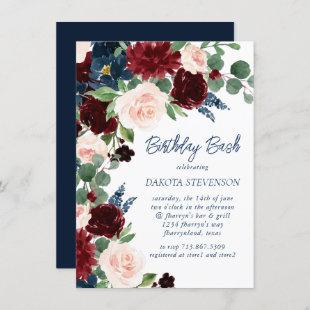 Boho Blooms | Rustic Navy and Burgundy Red Wreath Invitation