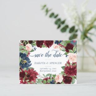 Boho Blooms | Rustic Navy and Red Save the Date Announcement Postcard