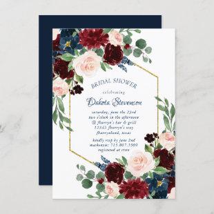Boho Blooms | Rustic Navy Blue and Burgundy Shower Invitation