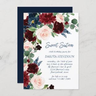 Boho Blooms | Rustic Navy Blue and Burgundy Wreath Invitation