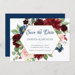 Boho Blooms | Rustic Navy Blue and Burgundy Wreath Save The Date