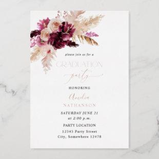 Boho Burgundy & Pink Floral Graduation Party Foil Invitation