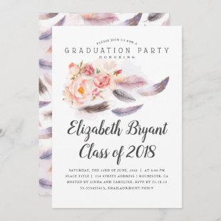 Boho Floral Watercolor Feathers Graduation Party Invitation
