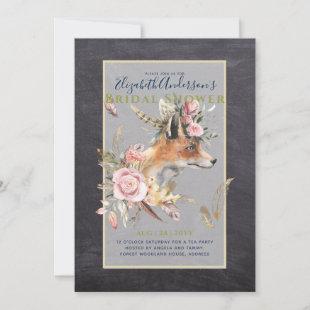 Boho FOX Bridal Shower Woodland Feathers Floral Invitation