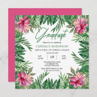 Boho Green Leaves | Pink Hibiscus Graduation Party Invitation