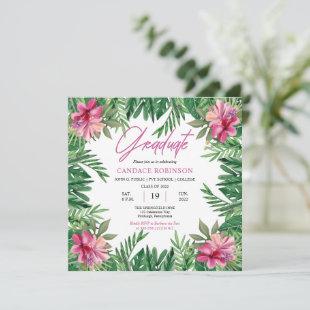 Boho Green Leaves | Pink Hibiscus Graduation Party Invitation