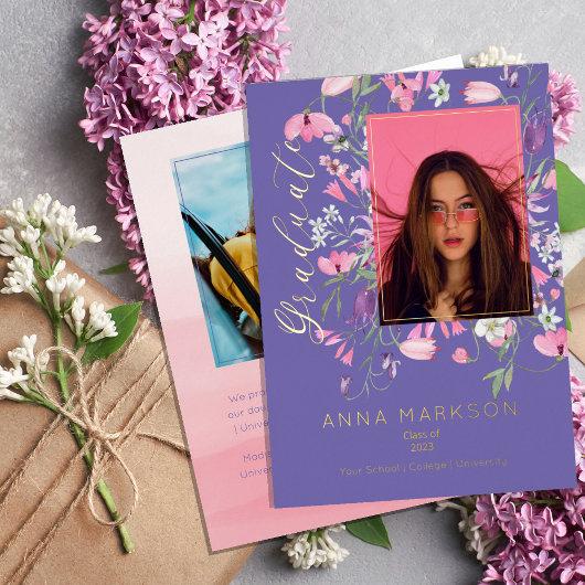 Boho Pink | Purple Watercolor Wildflowers Graduate Foil Invitation