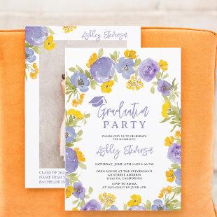 Boho purple yellow garden floral graduation invitation