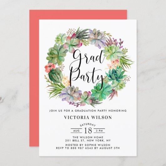 Boho Watercolor Succulents Wreath Graduation Party Invitation