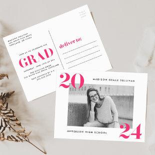 Bold 2024 Hot Pink Photo Graduation Party Invitation Postcard
