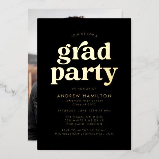 Bold Black and Gold Photo Graduation Party Foil Invitation