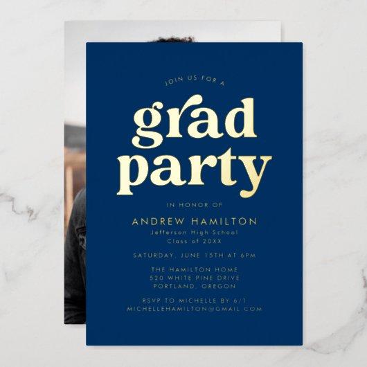 Bold Blue and Gold Photo Graduation Party Foil Invitation
