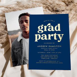 Bold Blue and Gold Photo Graduation Party Foil Invitation