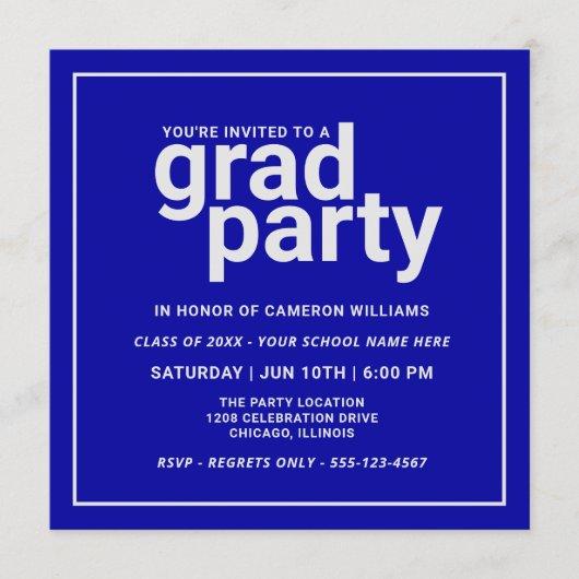 Bold Blue and Silver Gray Modern Basic Grad Party Invitation