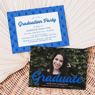 Bold Blue Script Photo Graduation Party Invitation