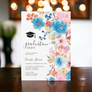 Bold blue watercolor flowers graduation invitation