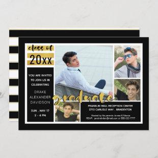 Bold Brushed Script, Black and Gold, Four Photo Invitation