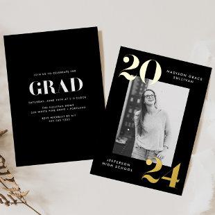 Bold Class of 2024 Black and Gold Photo Graduation Foil Invitation
