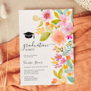 Bold garden watercolor flowers graduation invitation