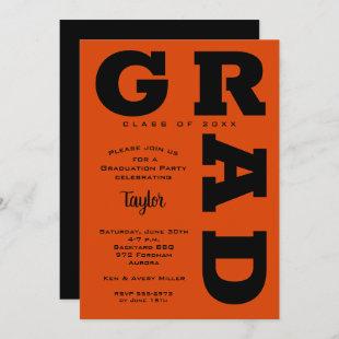 Bold GRAD Black and Orange Graduation Invitation