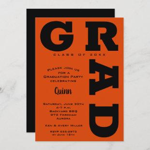 Bold GRAD Black and Orange Graduation Invitations