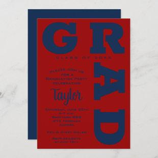 Bold GRAD Blue on Dark Red Graduation Invitations