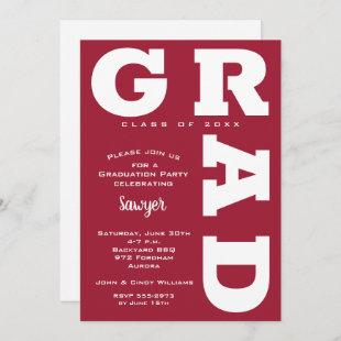 Bold GRAD Crimson White Graduation Invitations