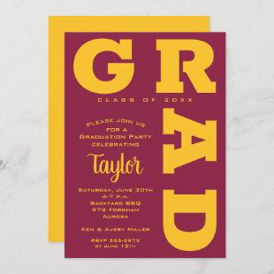 Bold GRAD Gold and Maroon Graduation Invitations