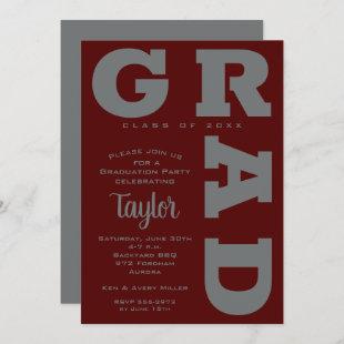 Bold GRAD Gray Dark Maroon Graduation Invitations