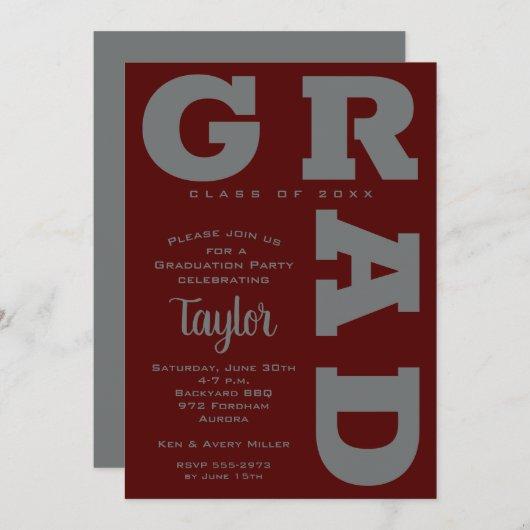 Bold GRAD Gray Dark Maroon Graduation Invitations