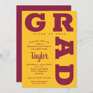 Bold GRAD Maroon and Gold Graduation Invitations