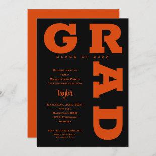 Bold GRAD Orange on Black Graduation Invitation