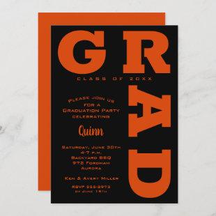 Bold GRAD Orange on Black Graduation Invitations