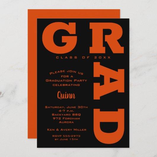 Bold GRAD Orange on Black Graduation Invitations
