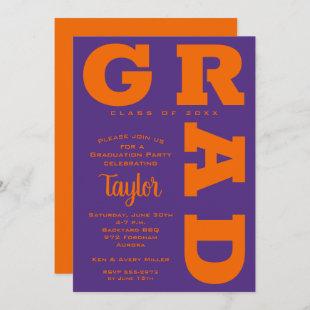 Bold GRAD Orange Purple Graduation Invitations