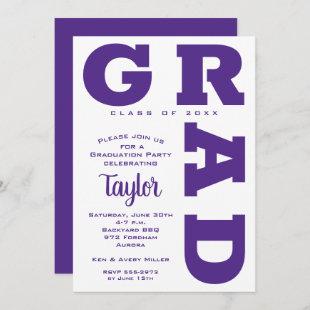 Bold GRAD Purple and White Graduation Invitations