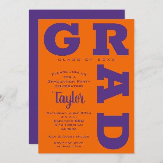 Bold GRAD Purple Orange Graduation Invitations