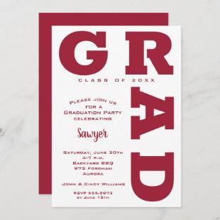 Bold GRAD White on Crimson Graduation Invitations