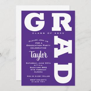 Bold GRAD White on Purple Graduation Invitations