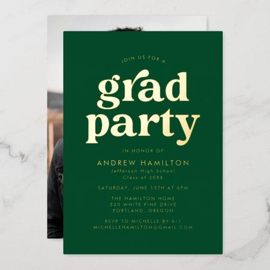 Bold Green and Gold Photo Graduation Party Foil Invitation