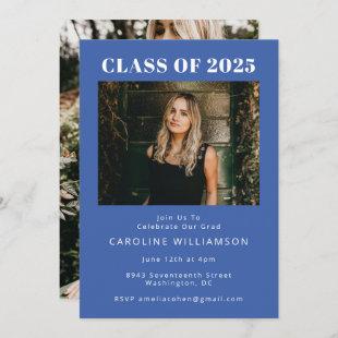 Bold Modern French Blue Two Photo Graduation Party Invitation