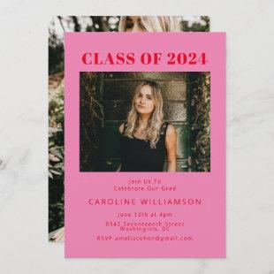 Bold Modern Pink Red Two Photo Graduation Party Invitation