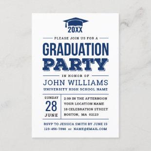 Bold Navy Blue and White Photo Graduation Party Invitation