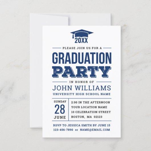 Bold Navy Blue and White Photo Graduation Party Invitation