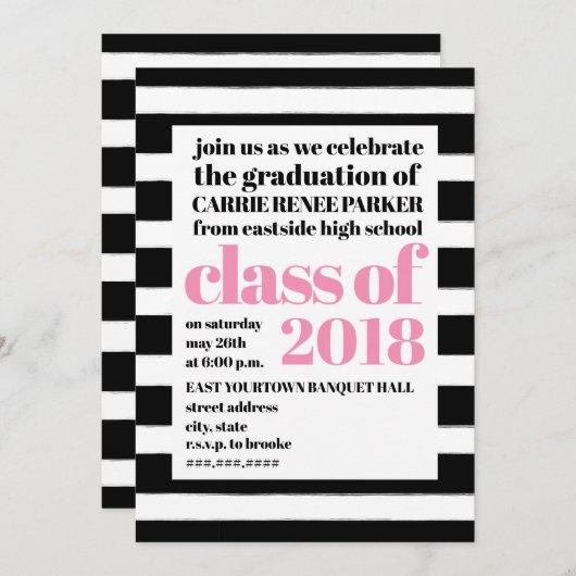 Bold Print Pink Black + White Stripe Graduation Invitation