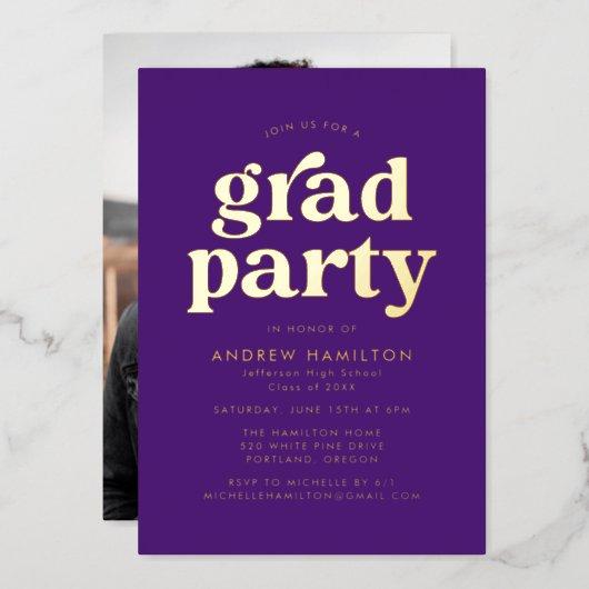 Bold Purple and Gold Photo Graduation Party Foil Invitation